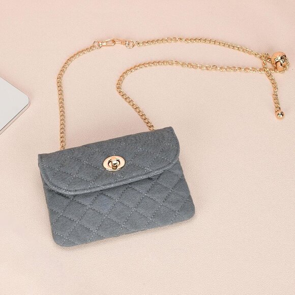 Designer Checkered Denim Chain Belt Bag for Women, Grey, Small - Picture 3 of 5